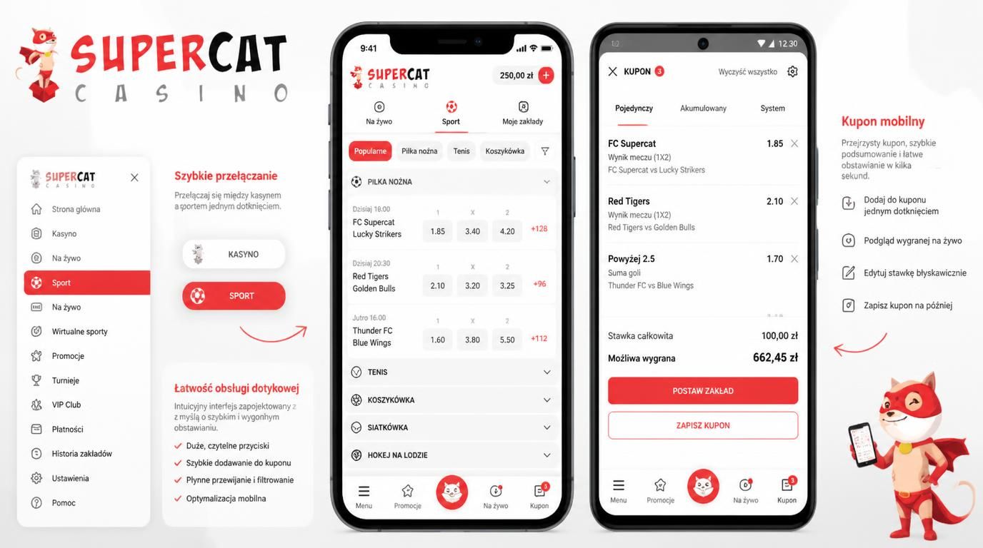 interfejs aplikacji mobilnej supercat casino z zakładami sportowymi