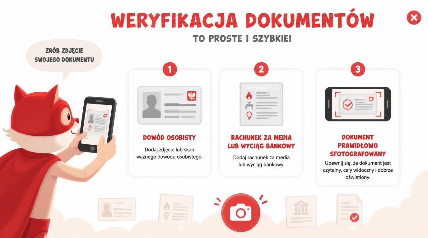 Zdjęcie dokumentu, kamera i formularz weryfikacyjny.