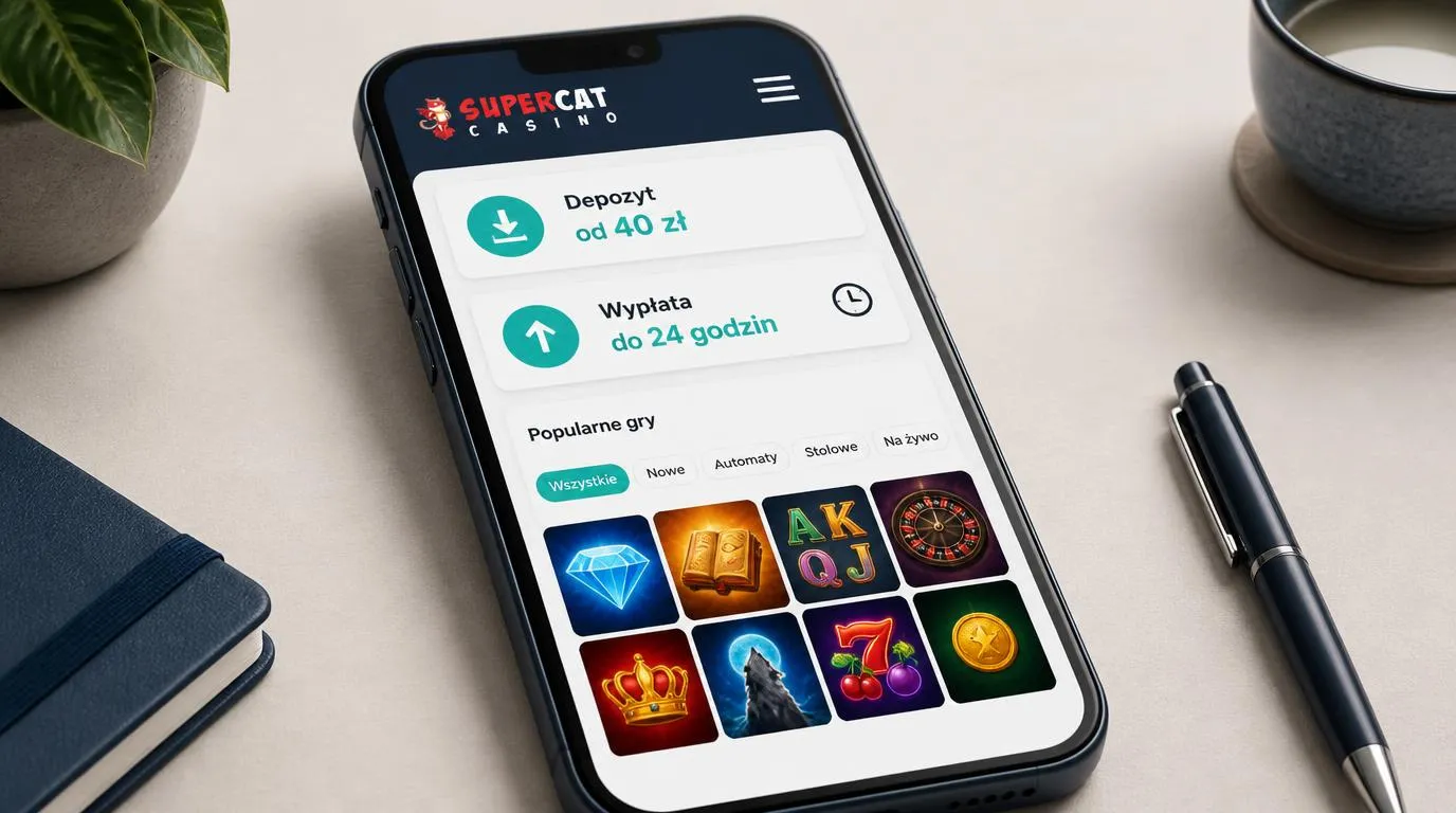 Telefon z panelem kasyna, depozytem 40 zł, wypłatą do 24 godzin i katalogiem gier różnych dostawców