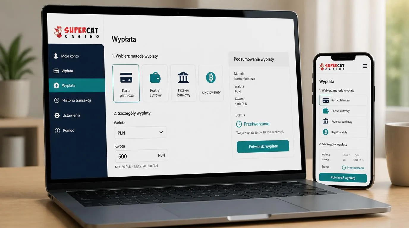 Panel kasowy z wyborem karty, portfela i kryptowaluty oraz podsumowaniem wypłaty w PLN