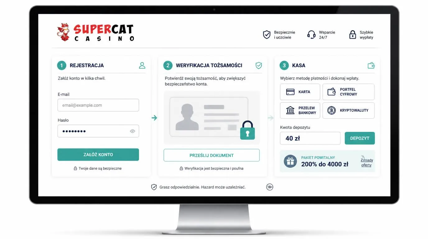 Panel rejestracji, weryfikacji tożsamości i kasy z wyborem płatności oraz wpłatą 40 zł