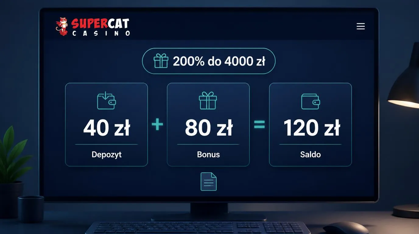 Kalkulacja bonusu powitalnego   depozyt 40 zł, bonus 80 zł i łączne saldo 120 zł