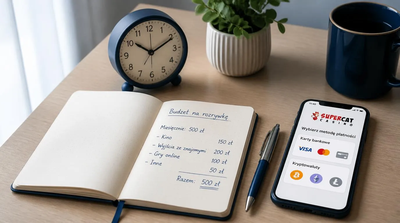 Notes z budżetem rozrywkowym, zegarek i telefon z symbolami płatności lokalnych oraz kryptowalut